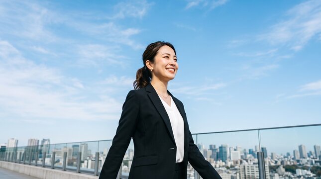 青空の下、自信に満ちた笑顔で歩く若い日本人ビジネスウーマン