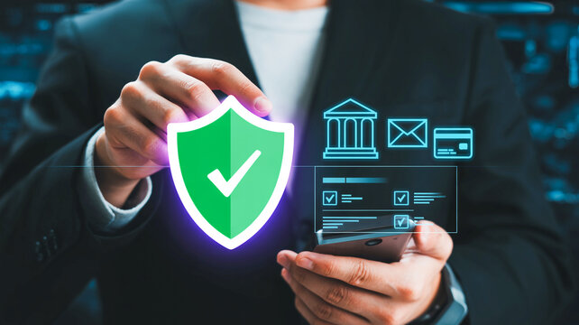 Businessman holding phone with digital security concept icons