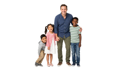 Obraz premium Happy Father With Three Diverse Children Posing Together Isolated on White Background