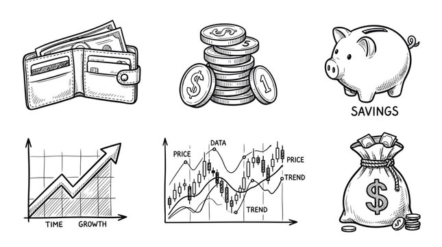 Hand drawn financial and business icons set including wallet coins piggy bank and various charts.