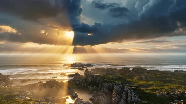Divine light rays breaking through storm clouds over a rocky coastline. Cinematic sunset landscape with dramatic sunbeams illuminating the ocean. Biblical and spiritual atmosphere