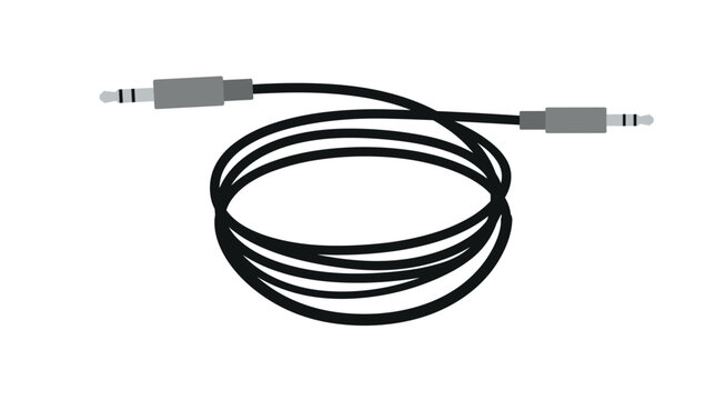 Black audio cable with two 3.5mm jack connectors coiled on a white background