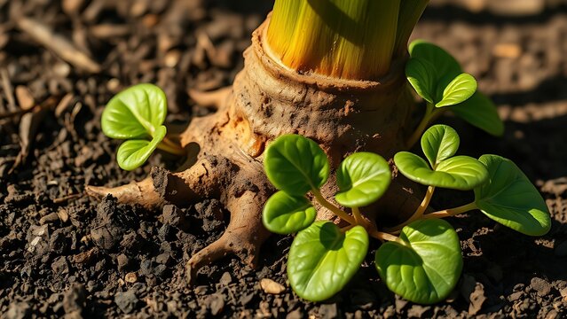 Extreme close-up of a maca plant focusing on its thick, textured root.