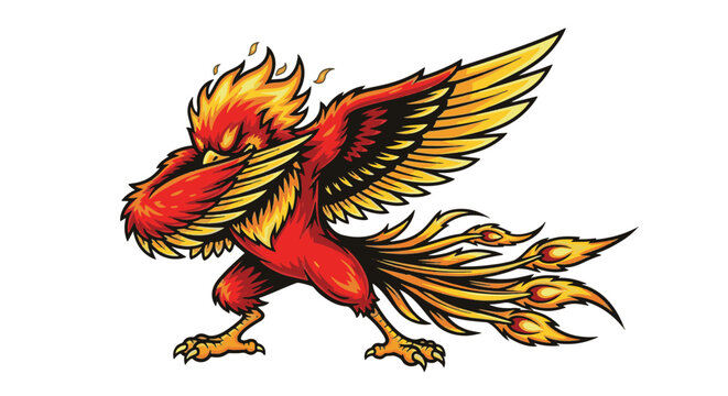 Stylized vector illustration of a fiery phoenix mythical bird performing a dabbing dance pose, featuring red and yellow flaming feathers and long tail on a white background.
