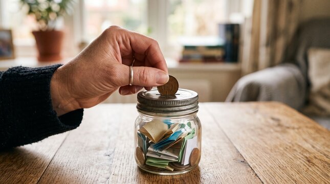 Close up of a person's hand dropping a coin into a glass jar filled with notes and coins for saving