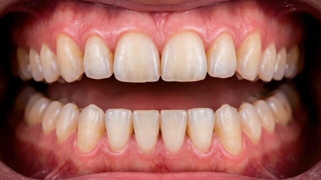 Close-up of human tooth structure and gum inside open mouth. Suitable for dental clinic ads, hygiene education, and healthcare videos.