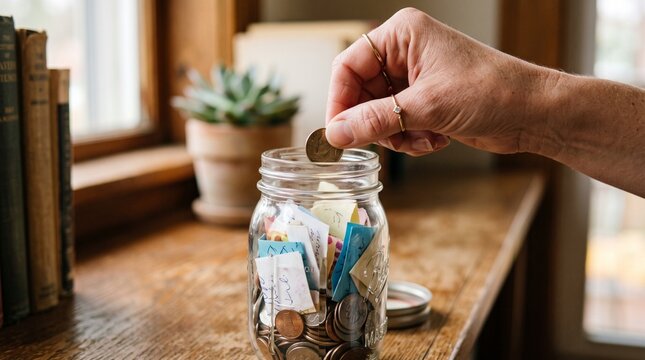 Hand dropping coin into mason jar filled with notes and coins for savings and goals