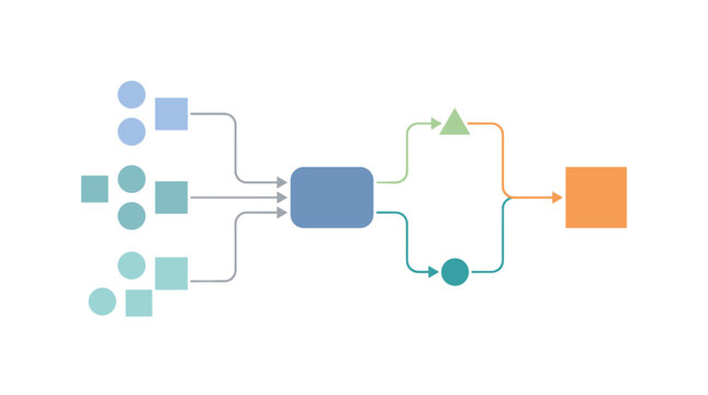 Abstract data flow diagram with geometric shapes and connecting lines representing process and transformation