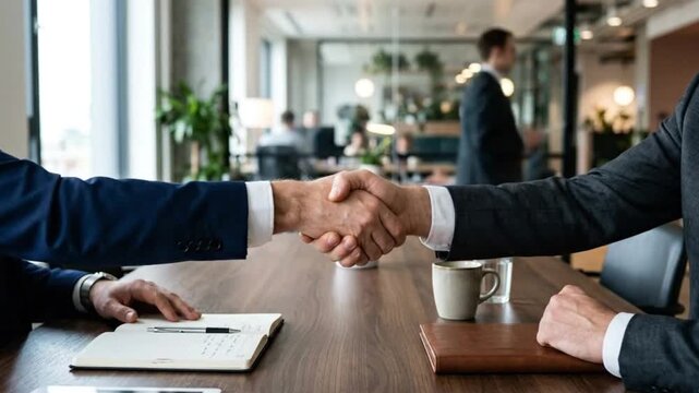 Two businessmen shaking hands across a wooden table in a modern office setting, symbolizing agreement and partnership