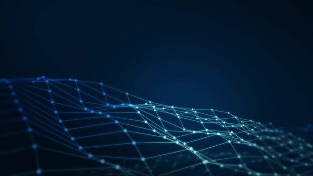 Abstract digital network wave motion, futuristic technology data flow, blue glowing plexus grid background