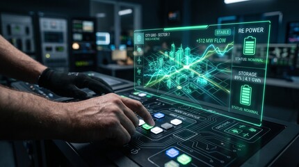 Fototapeta premium Technician hands operating digital control panel with glowing holographic interface in dark lab