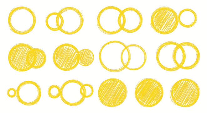 Set of yellow hand-drawn circles and overlapping circular frames in a sketchy doodle style. Includes single rings, intersecting Venn diagrams, and solid filled round shapes.