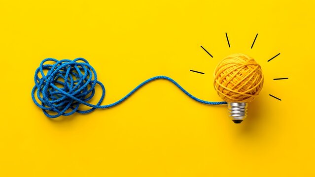 Tangled blue string unwinding into a yellow lightbulb shape on a solid yellow background. Concept of problem solving strategy, creative idea generation, and mental clarity solution.