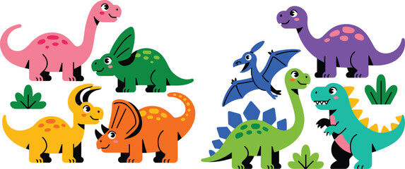 Dinosaur characters flat vector illustration set. Eight friendly colorful prehistoric dinosaurs alongside small green bushes create a playful jurassic bundle for kids. © HELEN QUEEN