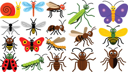 Insect characters flat vector illustration bundle. Smiling butterfly, ladybug, caterpillar, spider, bee, snail and beetles create a friendly backyard bug collection. © HELEN QUEEN