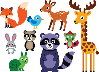 Naklejka premium Forest animals flat vector illustration pack. Fox, deer, raccoon, rabbit, squirrel, bird, snail and giraffe form a whimsical woodland collection for children.