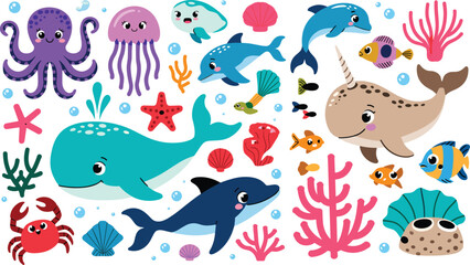 Sea creatures flat vector illustration bundle. Whale, dolphin, narwhal, octopus, jellyfish, crab, starfish, colorful fish, shells and coral create a vibrant marine underworld. © HELEN QUEEN