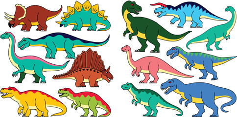 Prehistoric dinosaur sticker set flat vector illustration featuring diverse ancient creatures. Triceratops, stegosaurus, brachiosaurus, spinosaurus. © HELEN QUEEN