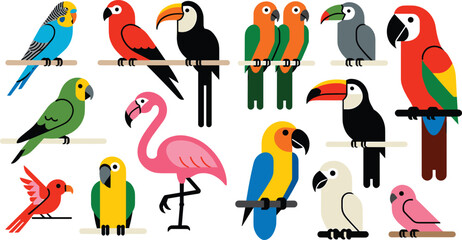 Jungle parrot and tropical wildlife flat vector illustration created in a clean minimalist look. Cute macaws, toucans, parakeets, a pink flamingo, lovebirds, and cockatiels sit calmly  © HELEN QUEEN
