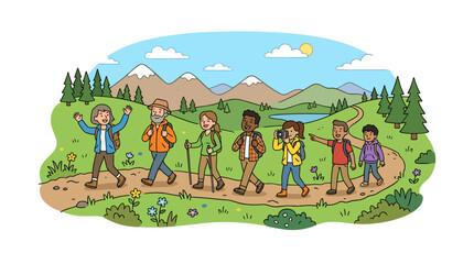 Fototapeta premium Diverse group of people hiking on a scenic mountain trail with backpacks and cameras