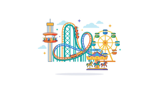 Amusement Park Scene with Roller Coaster Ferris Wheel Carousel and Drop Tower Ride Flat Design