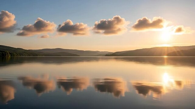 A serene sunset over a lake reflecting clouds and mountains.