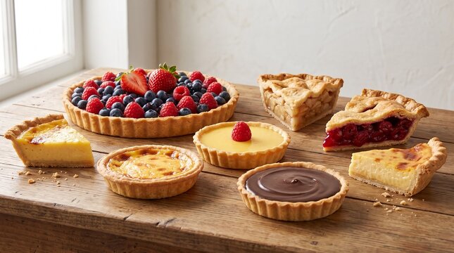 Assorted fresh fruit and chocolate tarts arranged on a rustic wooden table in natural light