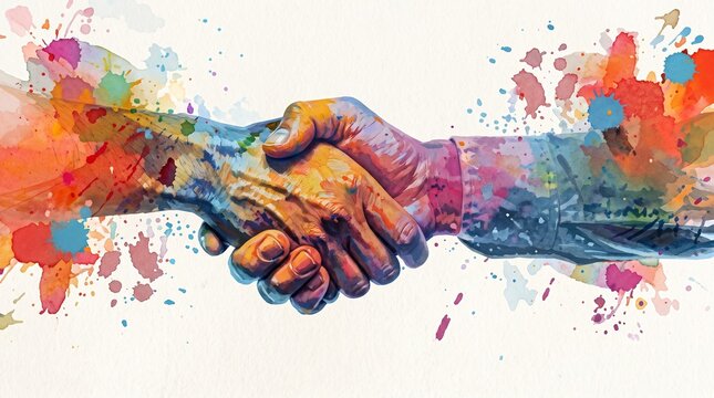 Close up of a colorful handshake representing business partnership with vibrant watercolor splashes