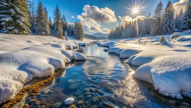 Shallow stream carving through flat snowfield in a cold winter landscape