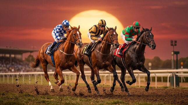 Three Jockeys Racing Horses on a Dirt Track at Sunset with a Dramatic Golden Sky Background