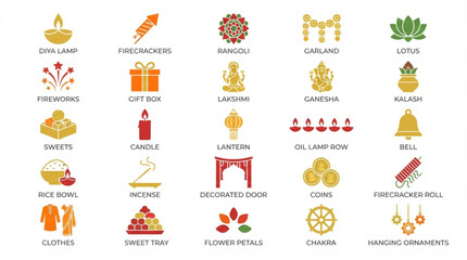 Fototapeta premium Diwali Festival Flat Icon Set with Diya Lamp, Rangoli, Ganesha, Lakshmi and Traditional Celebration Symbols