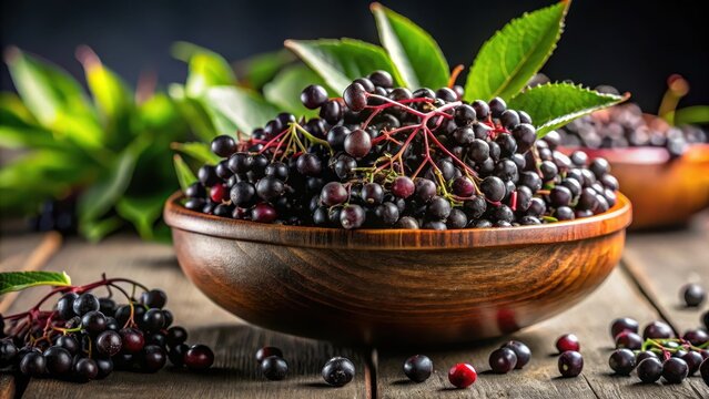 Raw ripe elderberry in a bowl standing on a dark table