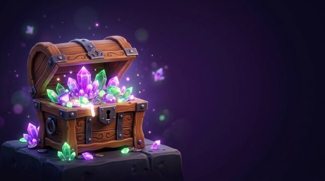 Open wooden treasure chest filled with glowing magical crystals. Fantasy loot container with purple and green gems on stone pedestal. Adventure gaming concept and rich mystery asset.