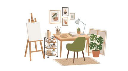 Fototapeta premium Art studio setup with easel, desk, chair, art supplies, plants, and framed artwork on the wall