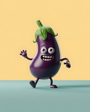 Cute cartoon eggplant character walking and smiling with eggplant, character