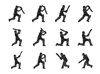 Black and white silhouettes of cricket batsmen in dynamic poses with bats ready to hit the ball. © Rayhan