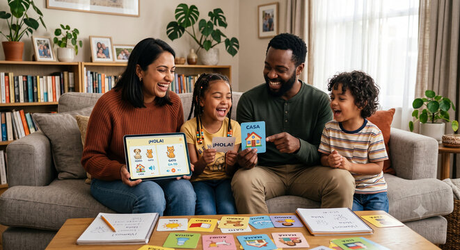 Diverse family cooperating to learn new language with flashcards on sofa.