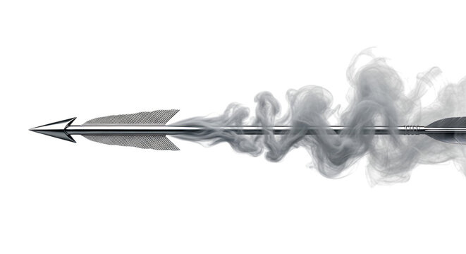 A sharp metallic arrow flying through the air with a trail of white smoke behind it, representing speed, precision, and motion on a white background isolated on a transparent background