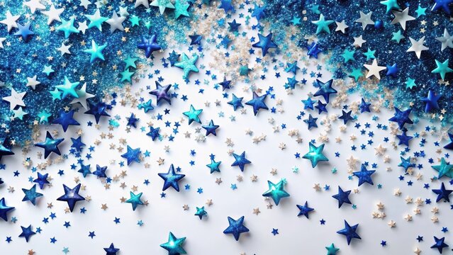 Iridescent blue color falling stars glitter confetti on white festive background holiday sparkling frame flat lay