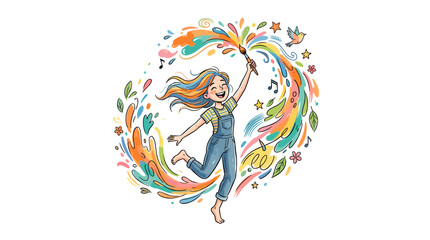 Fototapeta premium Joyful young artist creating vibrant colorful art with a paintbrush and splashing paint