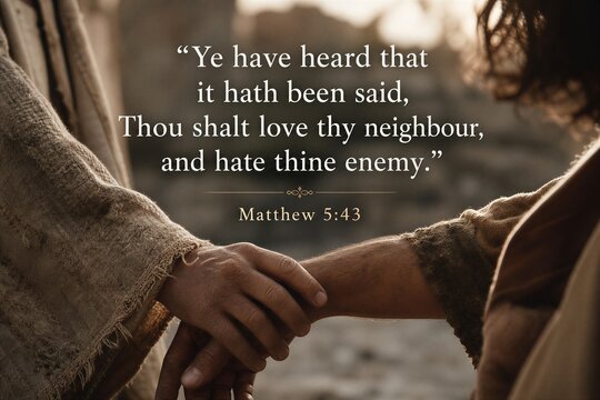 English Bible Verse Poster Displaying Matthew 5:43, Highlighting Love for Neighbor and the Concept of Enemy.