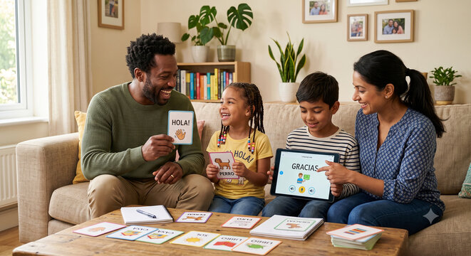 Diverse family cooperating to learn new language with flashcards on sofa.