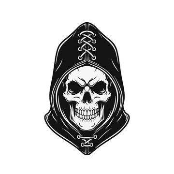 Vector illustration of a human skull wearing a black leather hooded cowl with laces and stitching. High contrast black and white graphic design isolated on a plain white background.