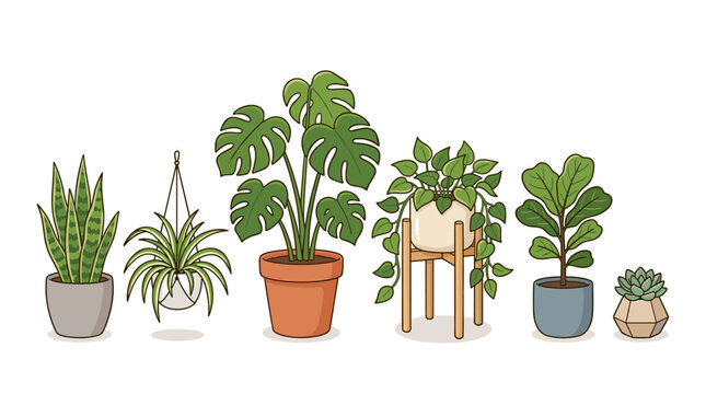 Collection of six potted houseplants including snake plant monstera fiddle leaf fig and succulent