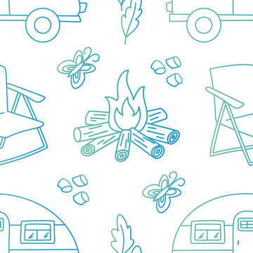 Seamless camp doodle pattern in outline style with tent and campfire forms an outdoor adventure and nature trip scene. Family activity meets campfire warmth in this creative camp background, blue