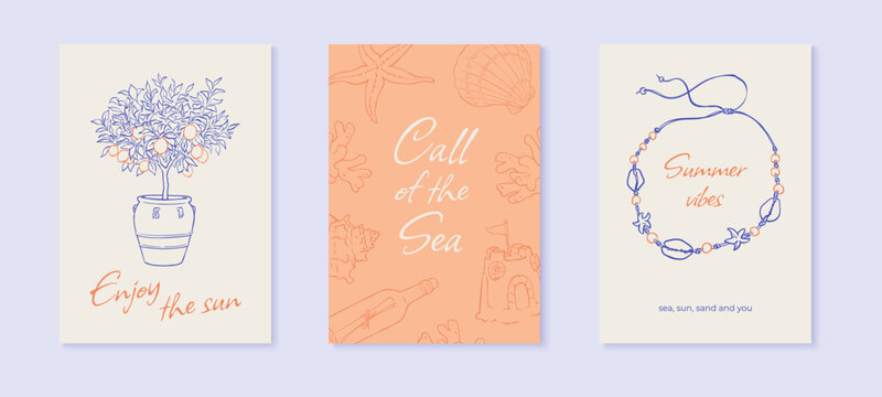 Hand drawn postcard set with blue line doodle coastal sea motifs. Whimsical italian travel summer card template for print, postcard and social media.