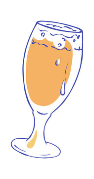 Beer glass icon whimsical ink line doodle with watercolor style. Drink and alcohol with cheers and party celebration. Italian vacation theme on white background.