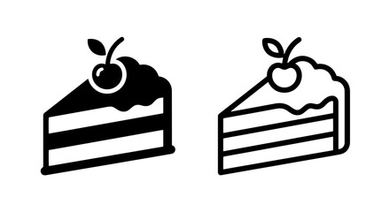 Cake slice with topping icon set, flat black and white bakery symbols, minimalist © MdDelowar
