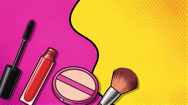 Vibrant comic-style makeup tools on bold pink and yellow background.