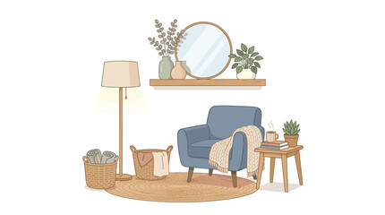 Fototapeta premium Cozy Living Room Scene with Blue Armchair, Floor Lamp, and Plants